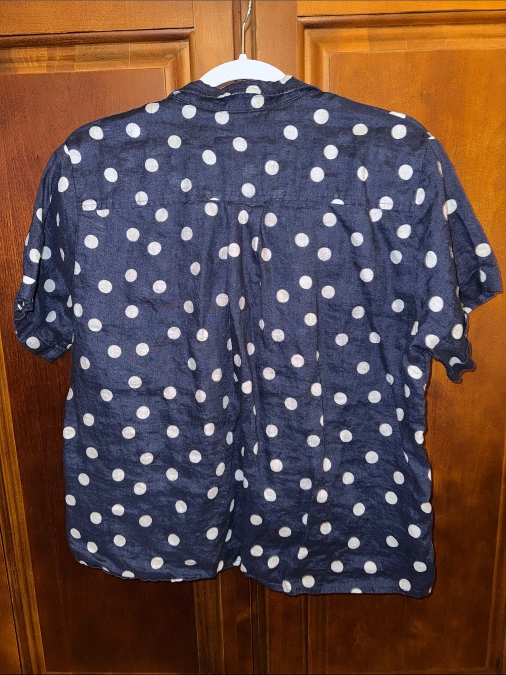 Anthropologie Maeve 100% Linen Navy and White Polka Dot Top Size Medium - Picture 2 of 7